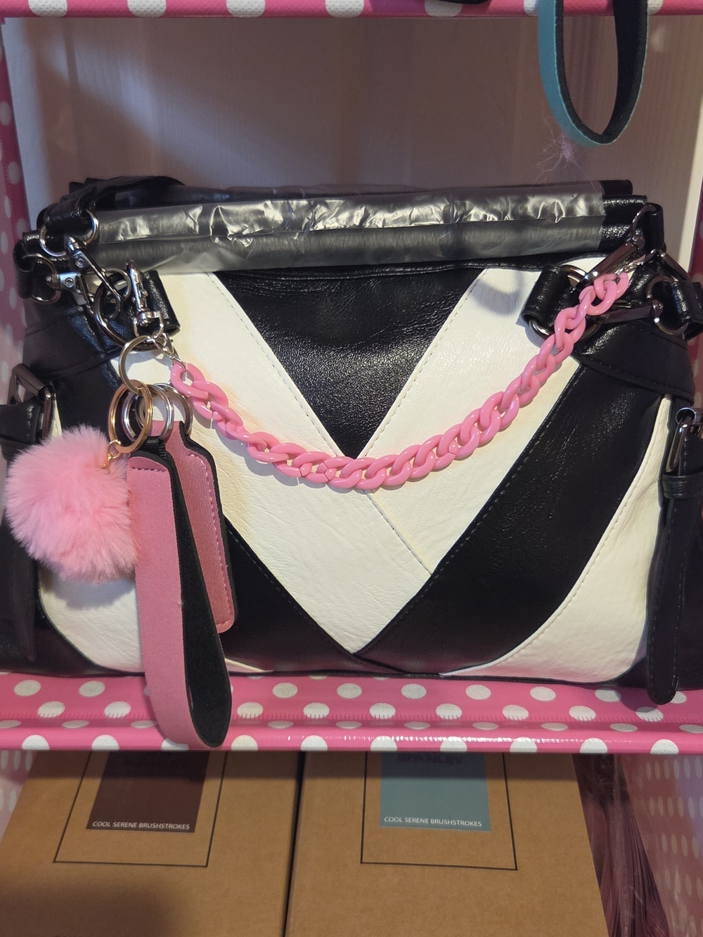 Black and White Chevron Shoulder Bag with Pink Chain Accent